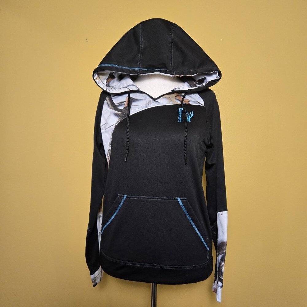 Huntworth Womens Hoodie Medium Long Sleeve Black Blue Camo Pullover Kangaroo
